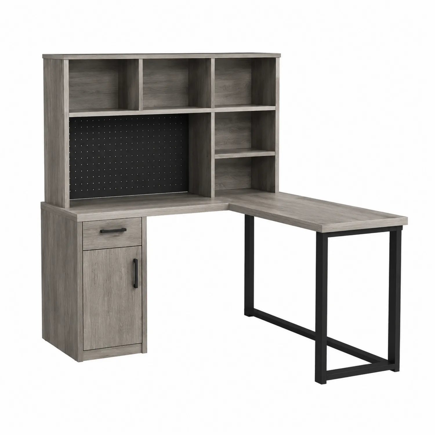 Scrivania angolare in legno composito grigio con scaffalatura