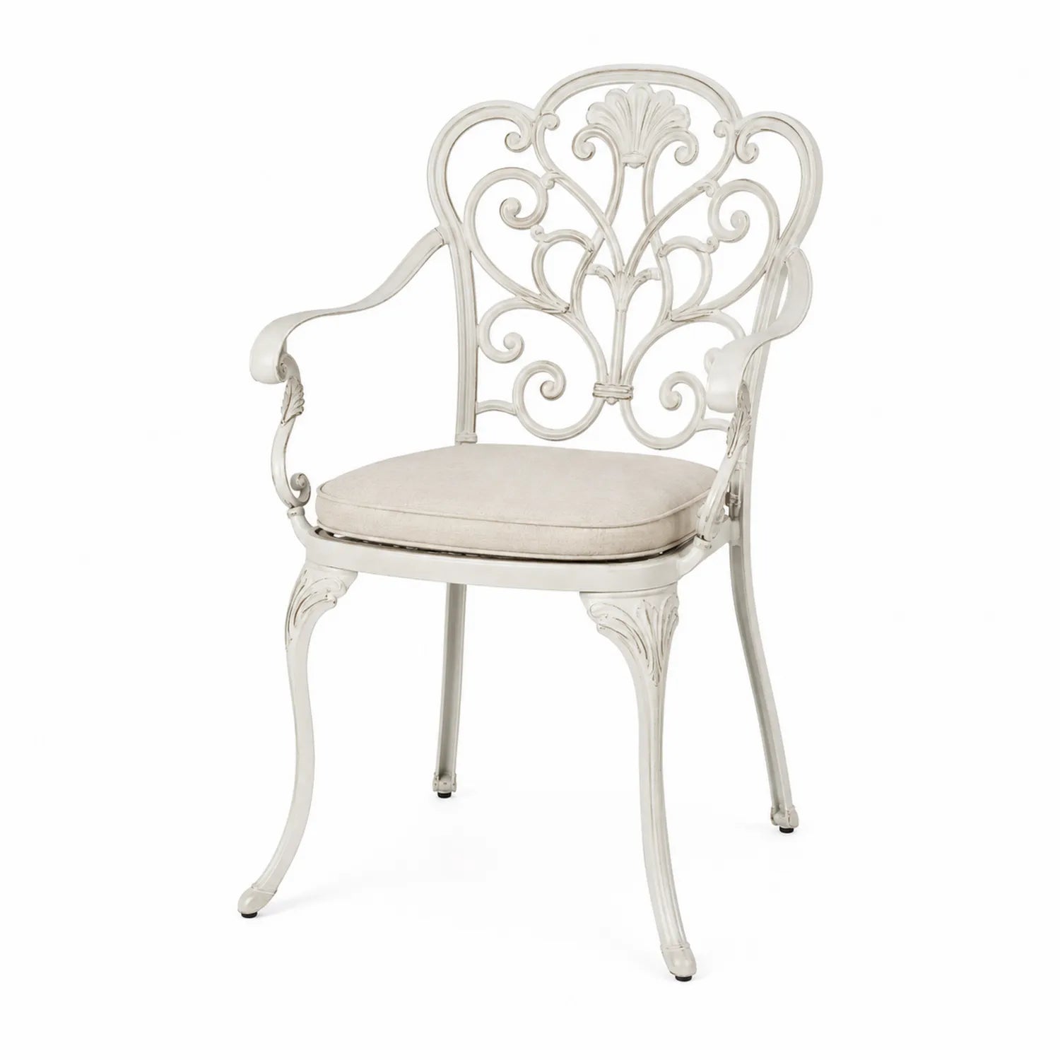 Sedia in alluminio con schienale decorato e cuscino beige