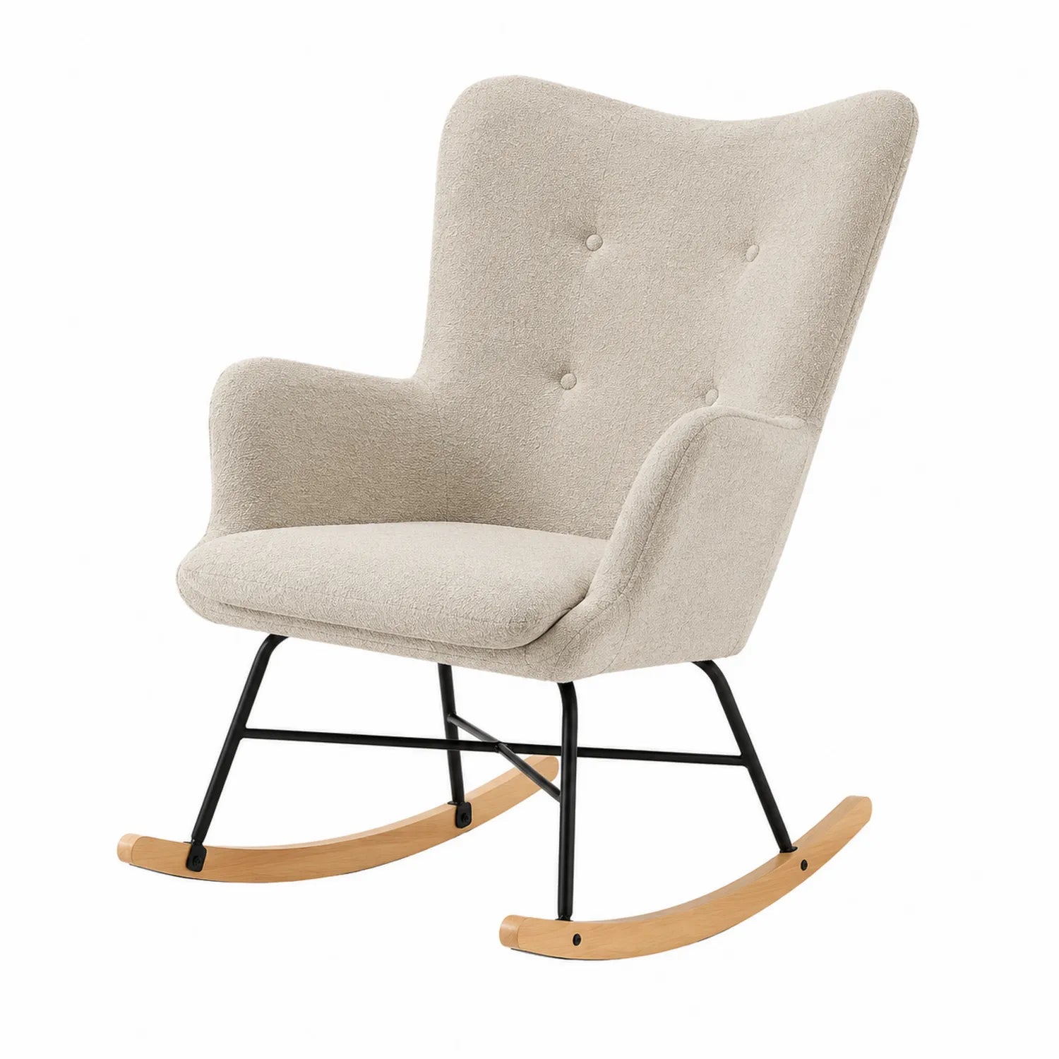 Sedia a Dondolo in Tessuto, Struttura in Metallo e Base in Legno, Beige