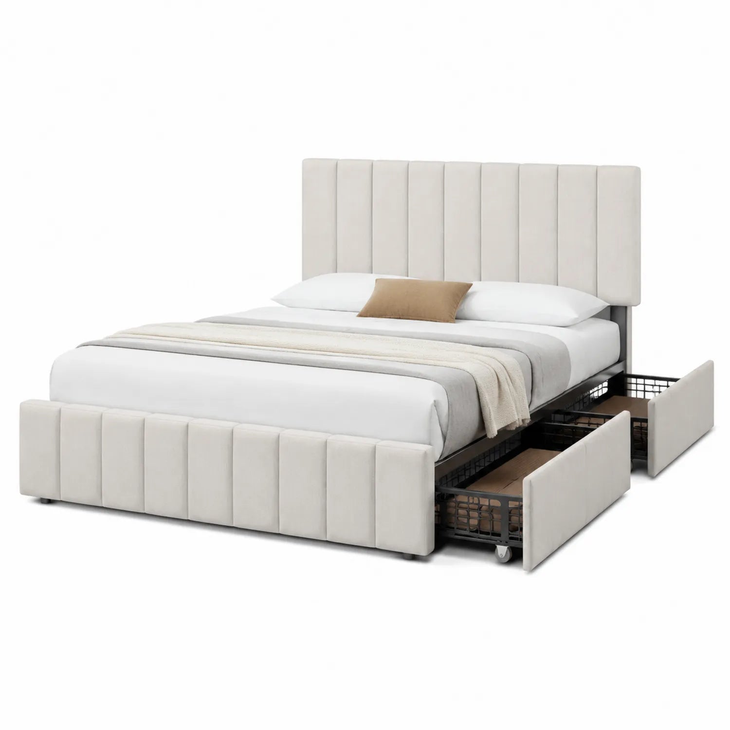Letto matrimoniale in tessuto beige con cassetti 160x200 cm