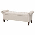 Panca contenitore in lino crema con gambe in legno