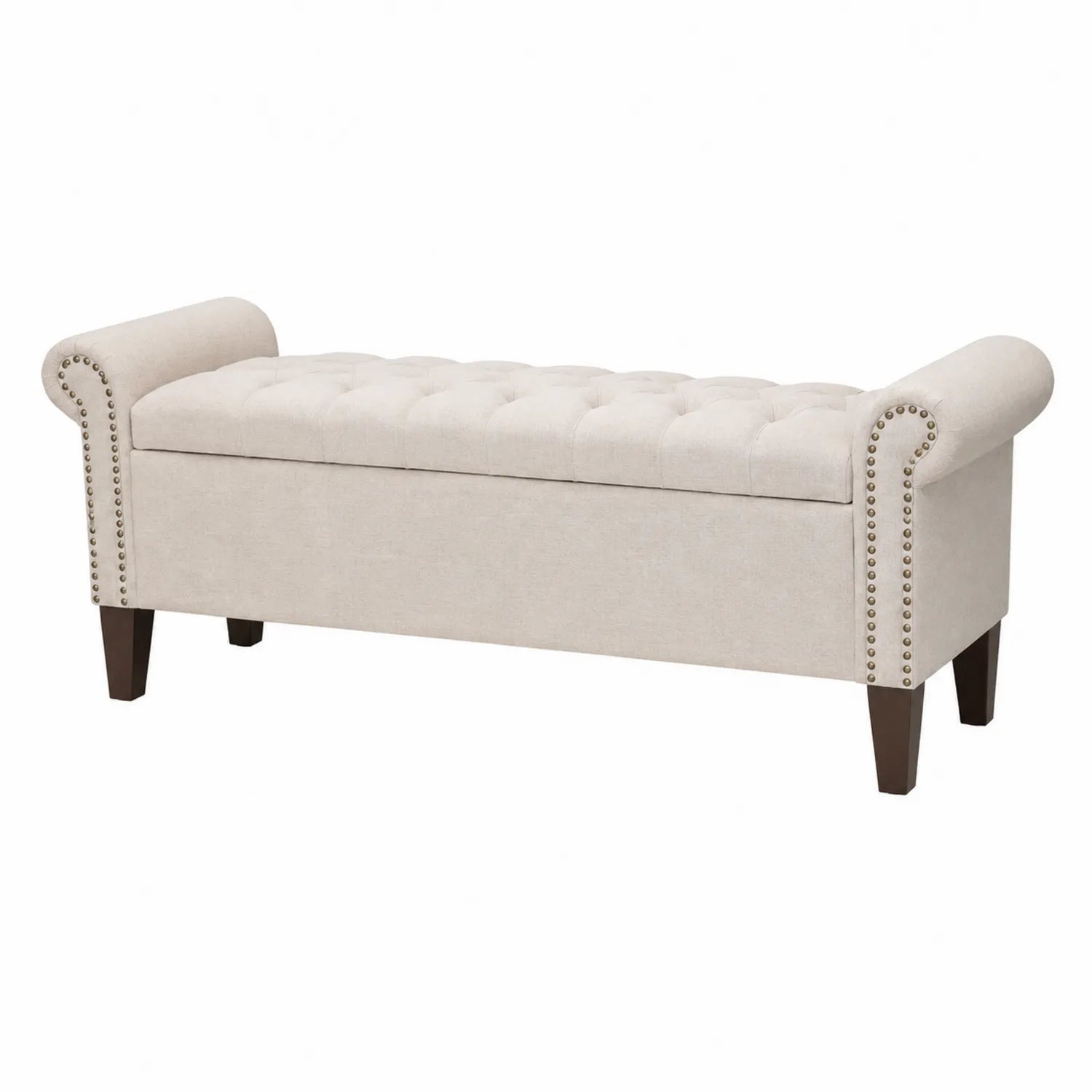 Panca contenitore in lino crema con gambe in legno