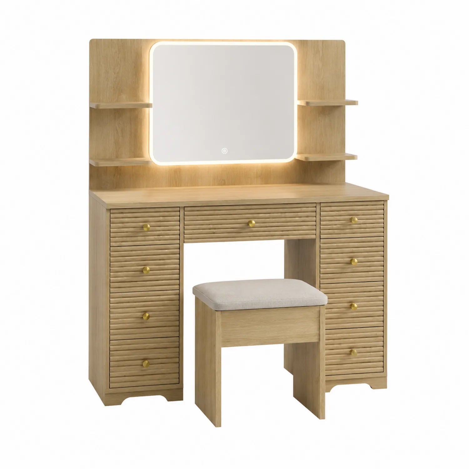 Toletta in Legno con Specchio LED e Sgabello