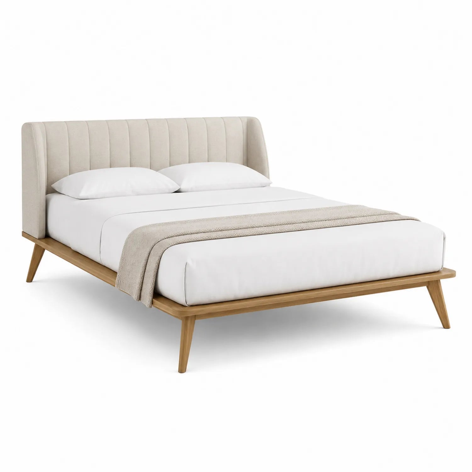 Letto matrimoniale in legno di quercia e tessuto crema 200x160 cm