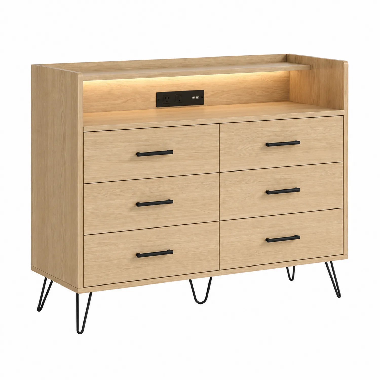 Cassettiera in Legno di Rovere con 6 Cassetti e Prese Integrate