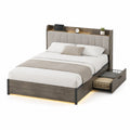 Letto matrimoniale in legno con testiera imbottita e contenitore, luci LED, 160x200 cm, Grigio/Beige
