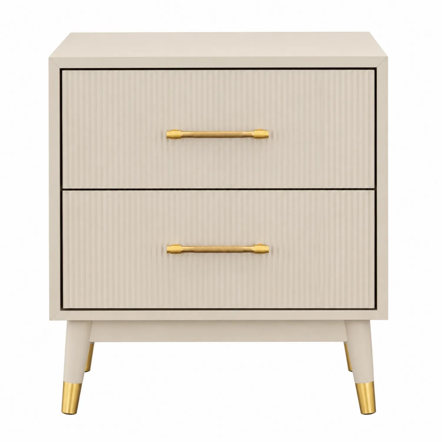Comodino a 2 cassetti in legno MDF con maniglie in metallo dorato
