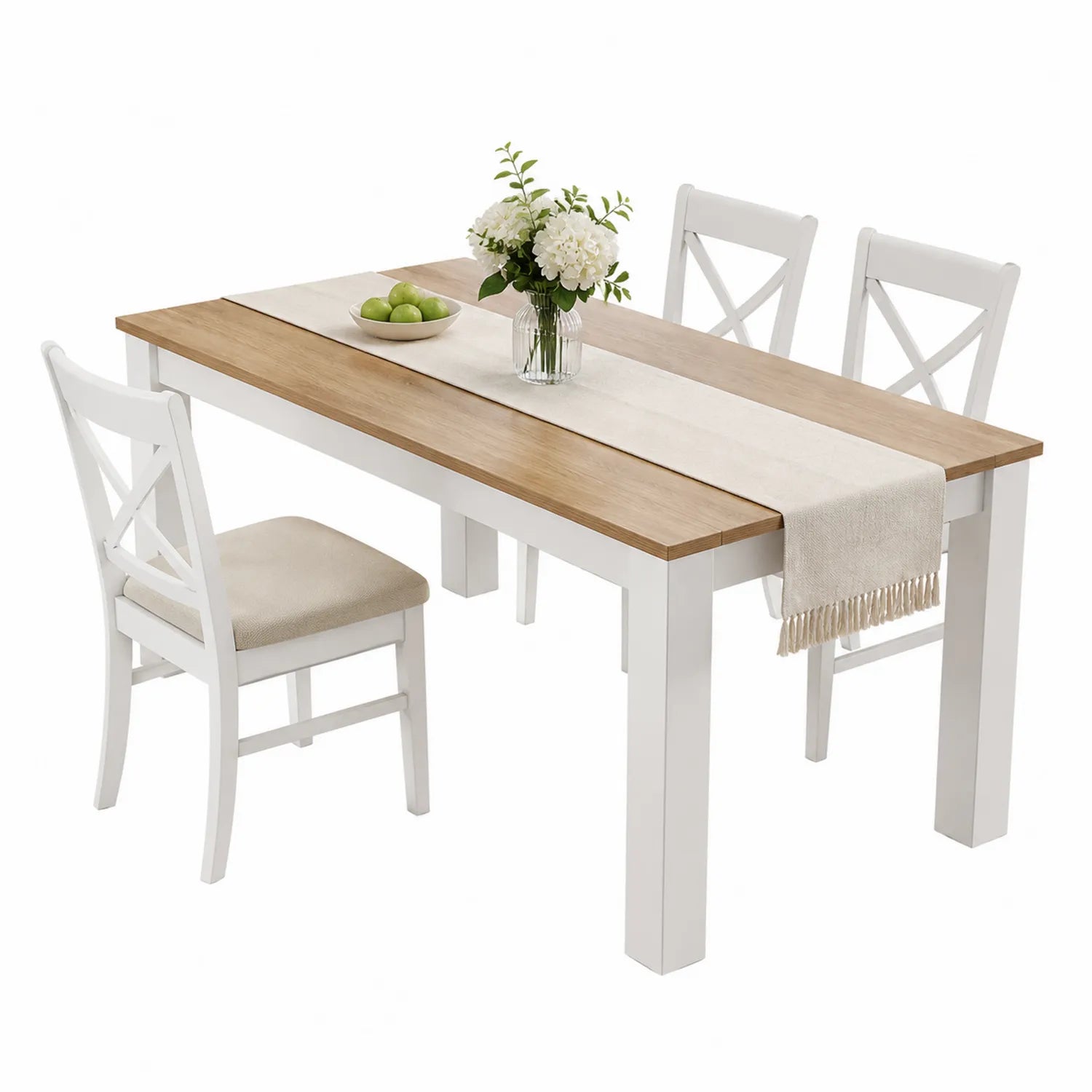 Set tavolo da pranzo in legno di rovere con 4 sedie imbottite