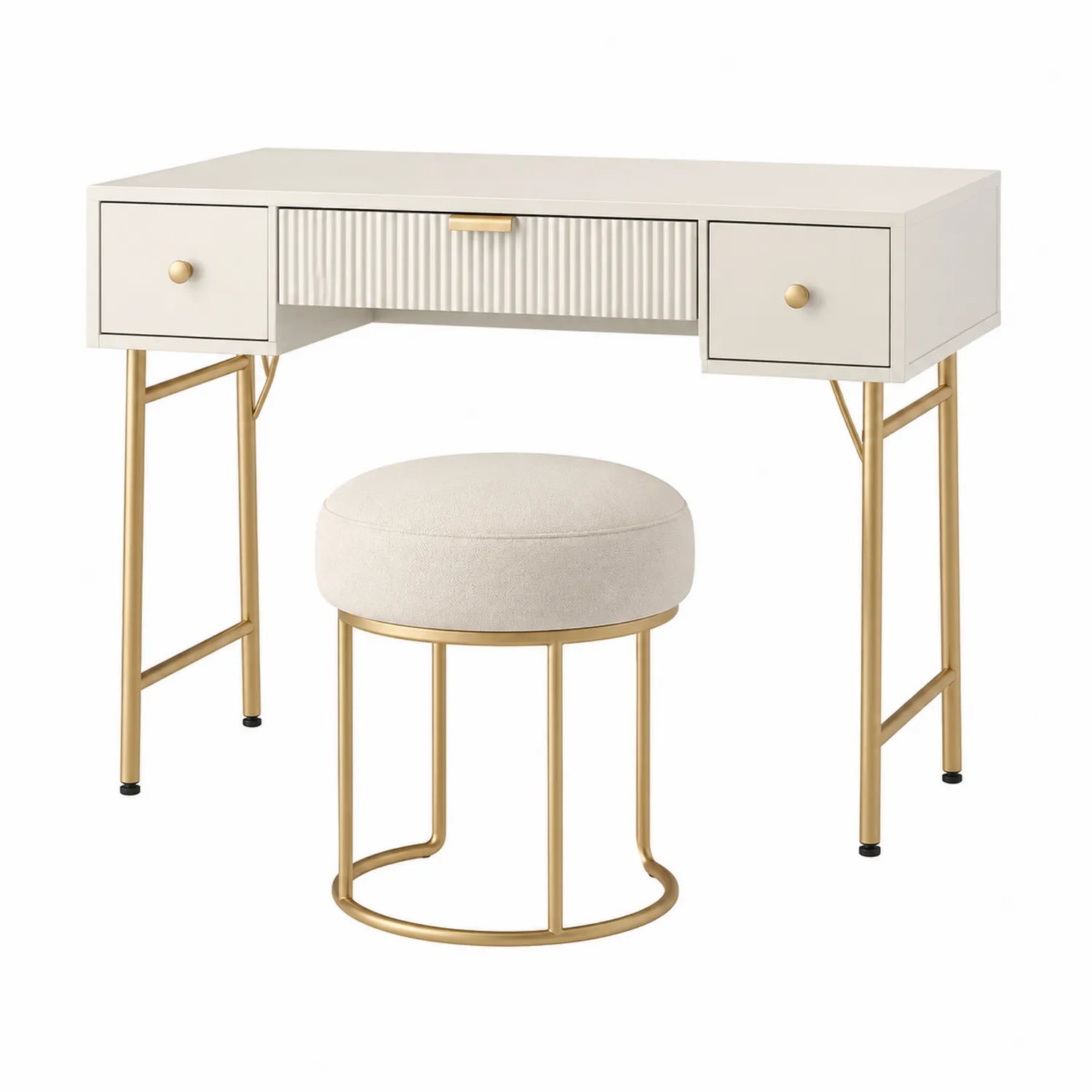 Toletta con sedia in MDF e metallo, Bianco e Oro