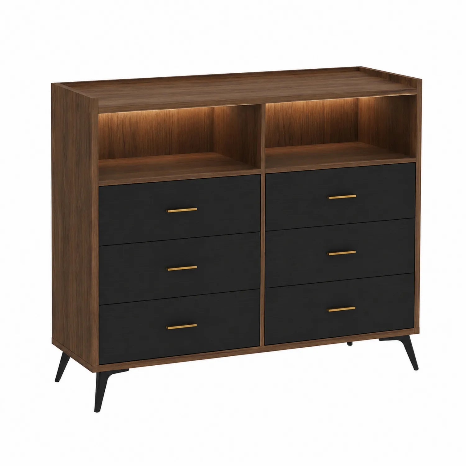 Cassettiera doppia in legno e MDF con cassetti neri e illuminazione a LED