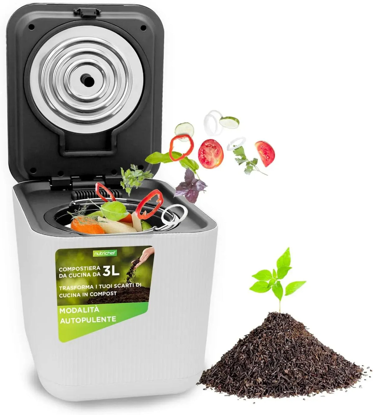 Frantumazione e Raffreddamento, Pattumiera Umido con Asciugatura, per NutriChef Compostiera da Cucina, Compostiera Elettrica 3 Litri, Bianca, Bidone