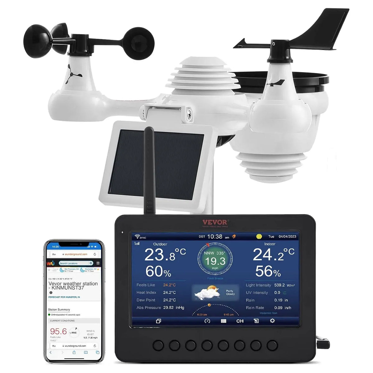 VEVOR Stazione, Sensore, stazione meteorologica wireless, 158 mm, esterno, Wi-Fi, senza fili