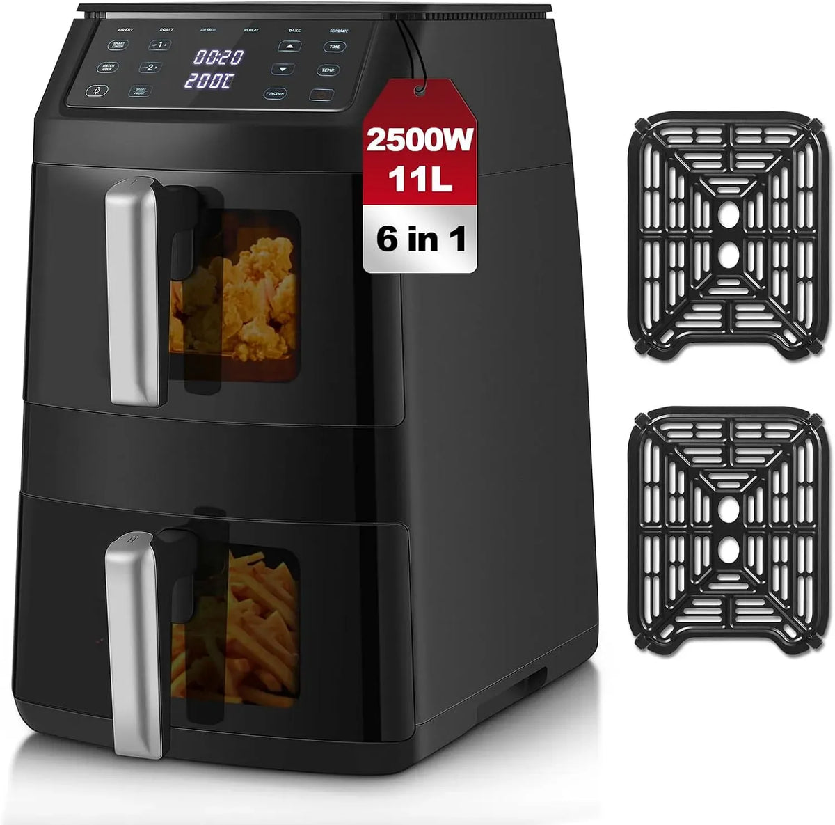 Lavastoviglie, 11 L, 2500 W, 6 programmi, 40 a 220 °C, 11 Litri Air Fryer Verticale 2 Cestelli con Finestra, Fino a 8 Persone, 6 Funzioni