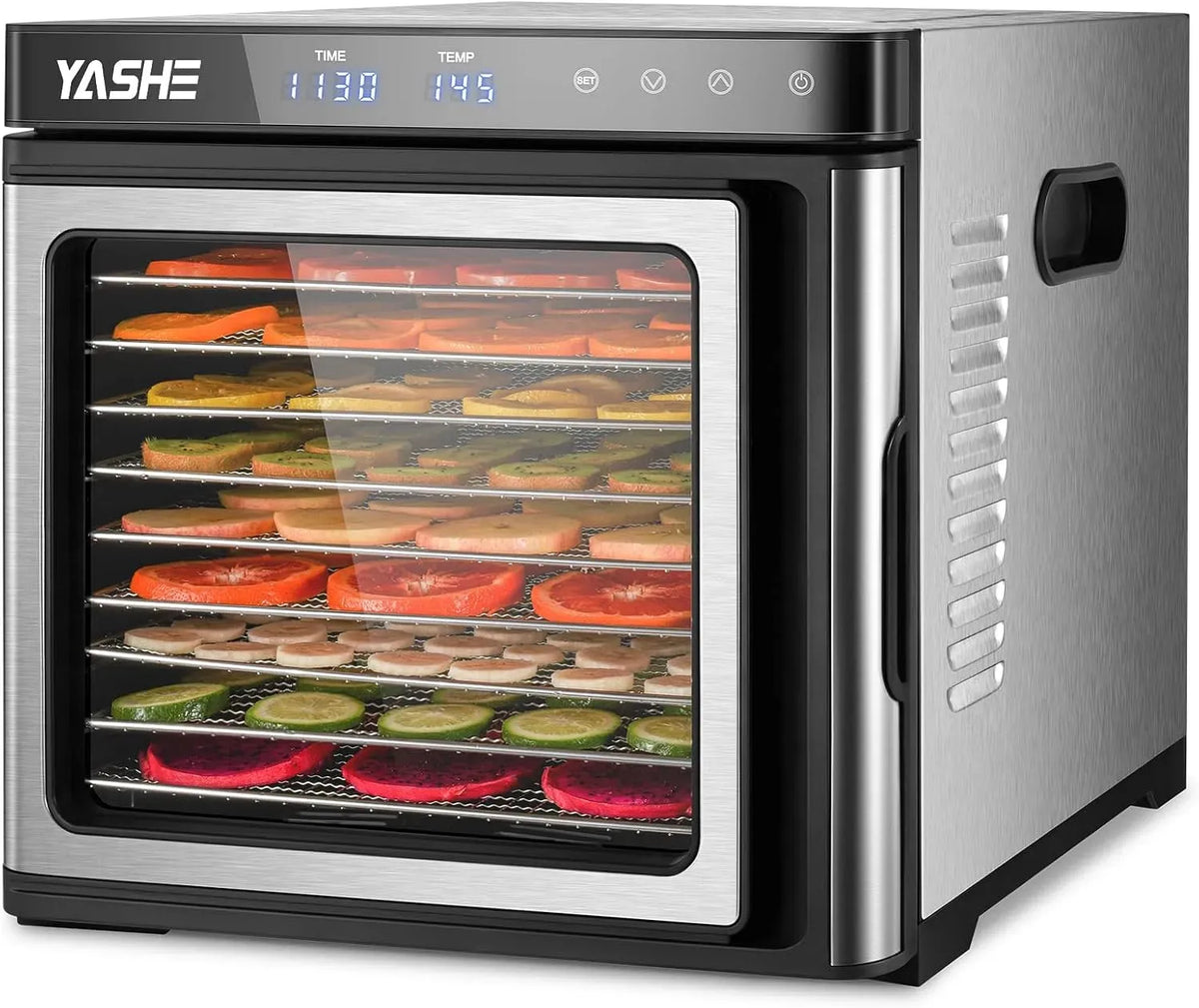 Asciugatrice, 1000 W, 35 a 75 °C, timer, acciaio inox, Timer di 48 Ore, 1 Vassoio per Rotoli di Frutta, 2 Setacci in Rete