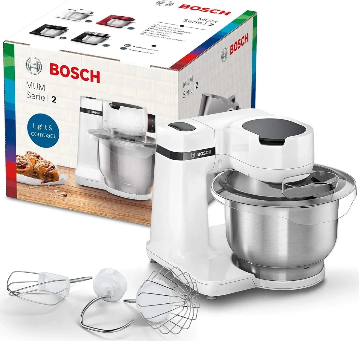 Bosch MUMS2EW00 Impastatrice, Bianco, 700 W Ciotola da 3, in Acciaio Inox, 3.8 L