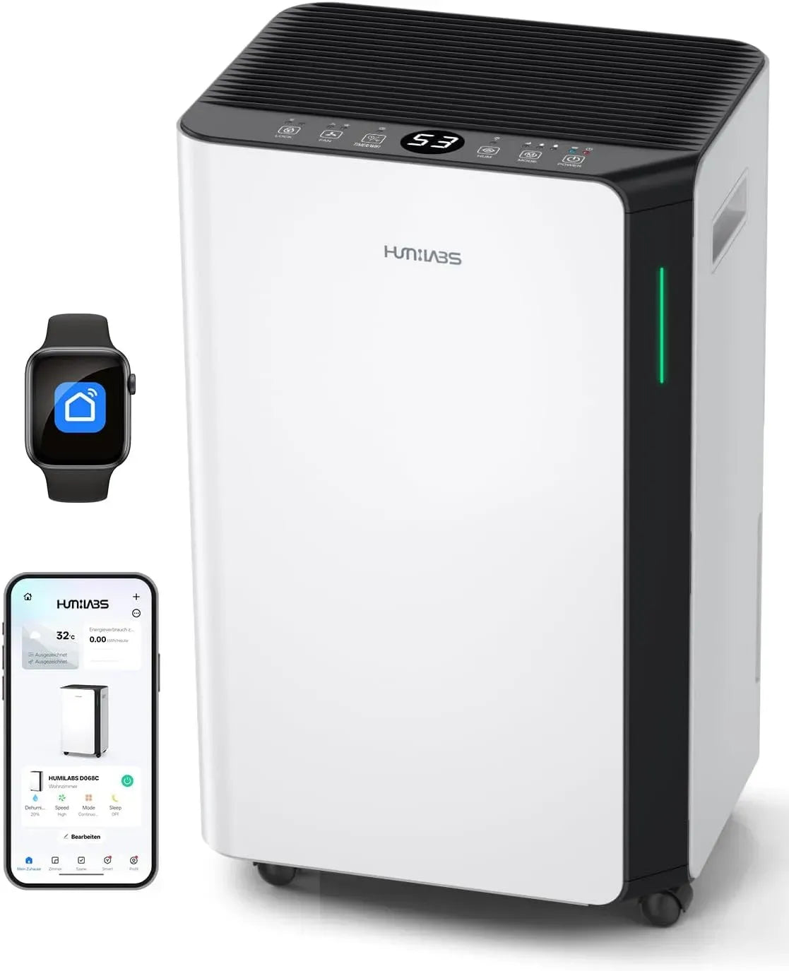 Deumidificatore, 20 L, HUMILABS, timer, Wi-Fi, ampio serbatoio, per ambienti di 60 m²/app e WiFi, timer da 24 ore, 3 modalità di funzionamento