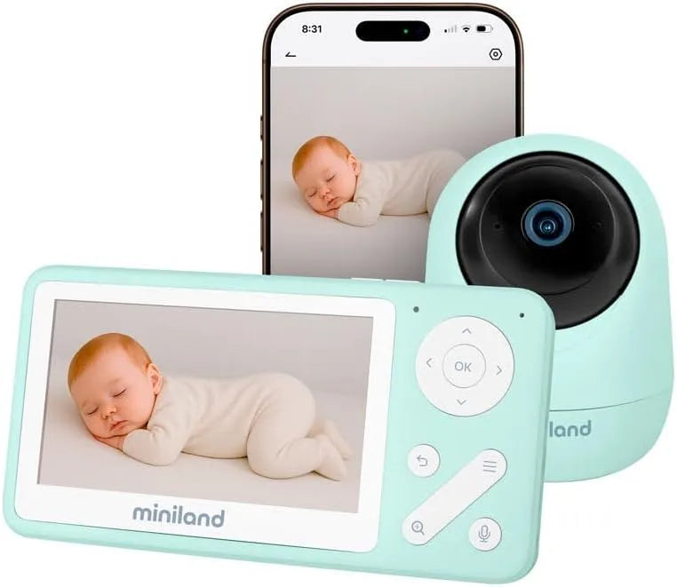 Monitor, Miniland, schermo per PC, monitor video per bambini, Digimonitor Anywhere Baby Monitor Dual con Telecamera Motorizzata