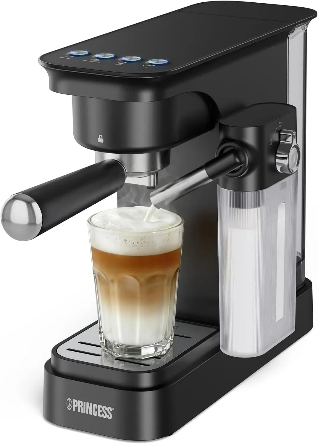 Princess Macchina per Espresso, Contenitore, Pompa, 0,8 L, 20 Bar, 2 Tazze, ampio serbatoio, rimovibile, per Espresso con Contenitore Latte