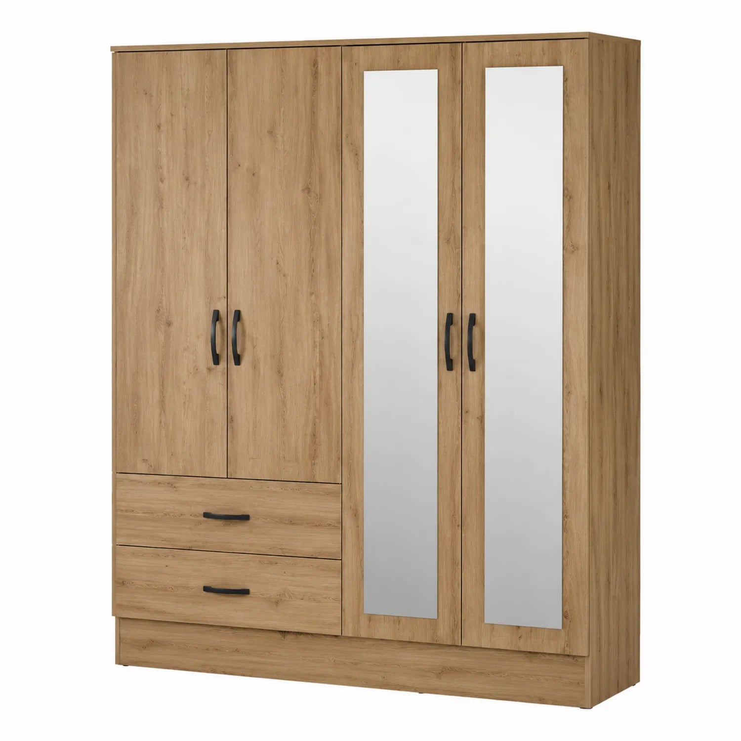 Armadio a 4 Ante in Legno con Specchi e Cassetti