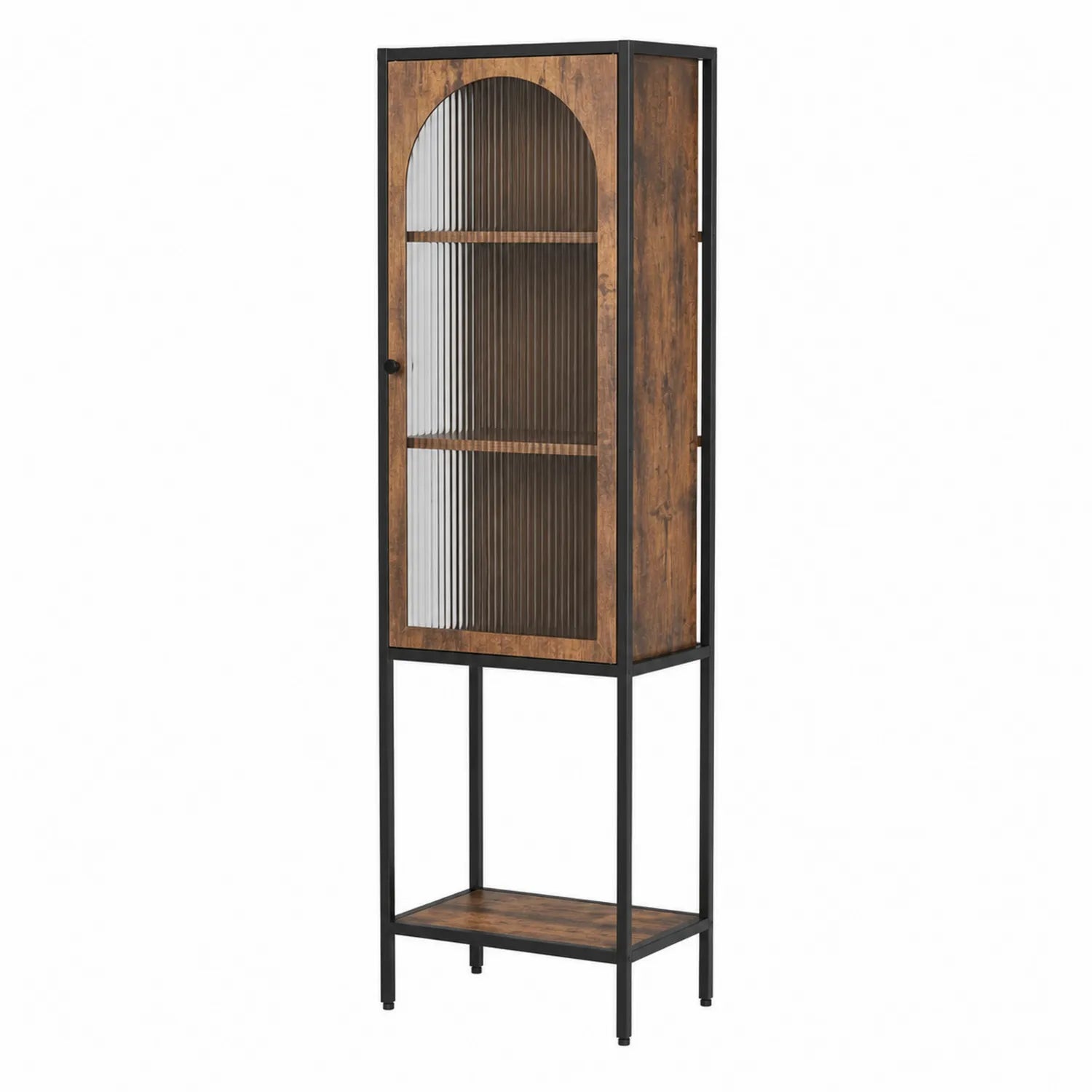 Libreria moderna in legno e metallo con porta in vetro scanalato
