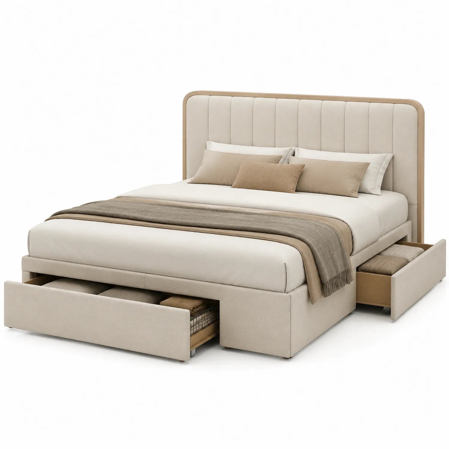 Letto matrimoniale con cassetti in tessuto poliestere e legno, dimensioni 200x160 cm
