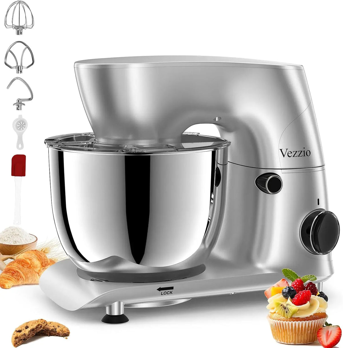 Robot da cucina, 5.5 L, 1500 W, Vezzio, professionale, acciaio inox, 10 Velocità Impastatrice Professionale con Frusta