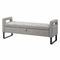 Panca contenitore in tessuto grigio con gambe in metallo nero