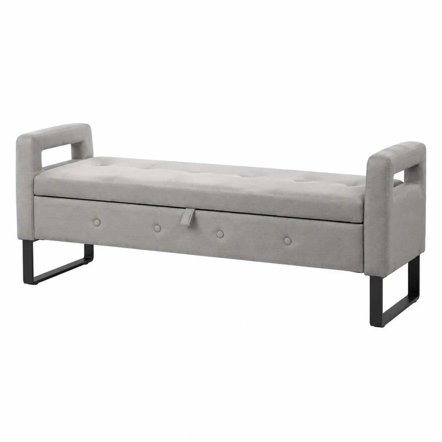 Panca contenitore in tessuto grigio con gambe in metallo nero
