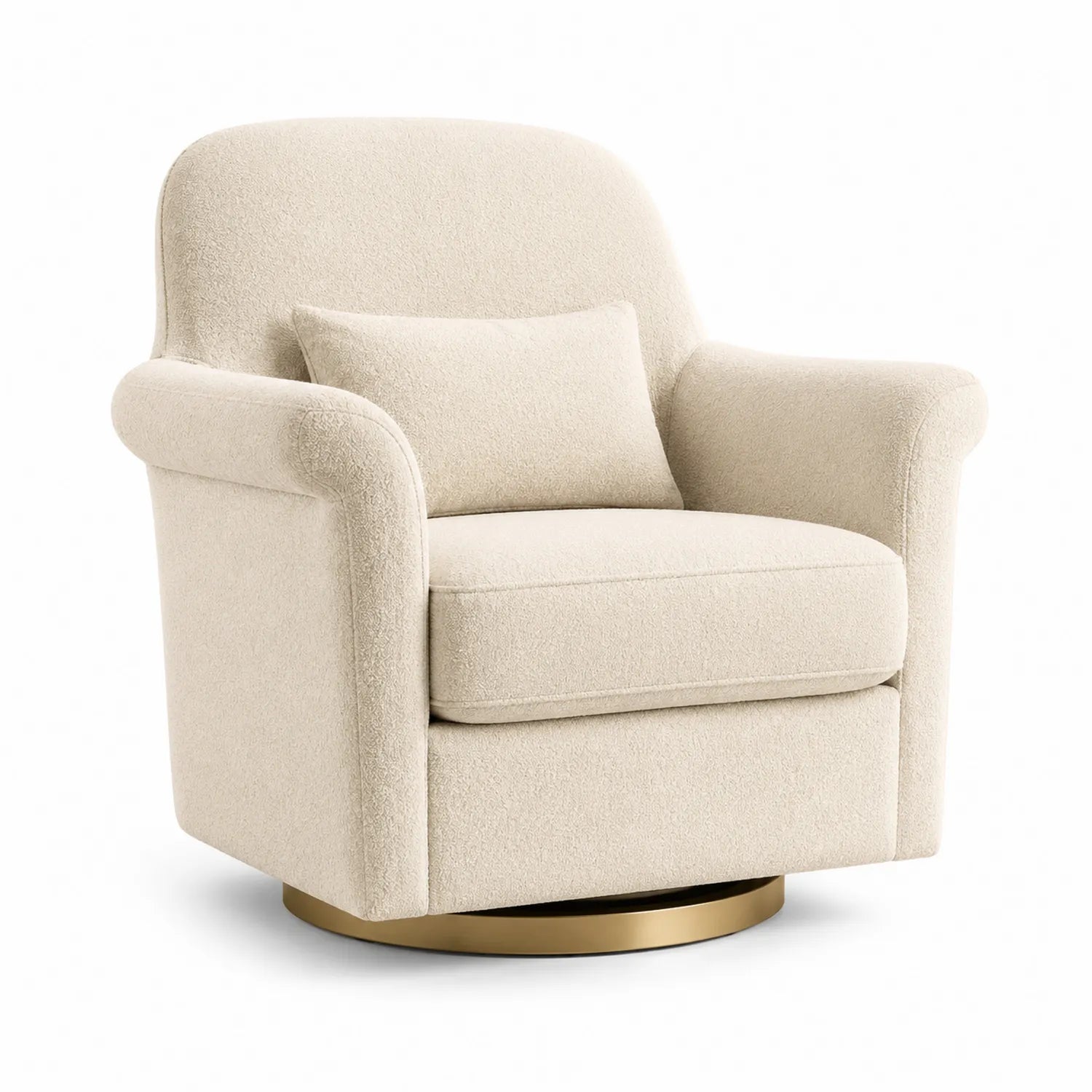 Poltrona girevole in tessuto bouclé crema con base in ottone