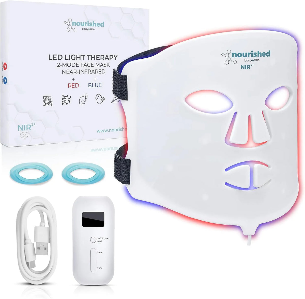 Anti-Età, Nourished Bodynskin Maschera LED Portatile per il Viso con Infrarossi Vicini, 114 LED, Terapia della Luce Blu, Rossa per il Viso