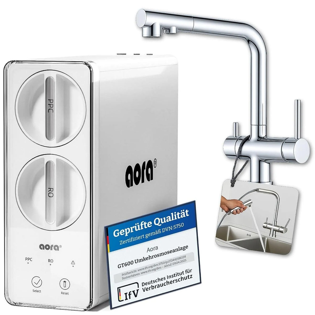 Rubinetto da cucina GT600, miscelatore e rubinetto lavello, Impianto ad osmosi inversa + rubinetto a 3 vie in ottone cromato senza foratura