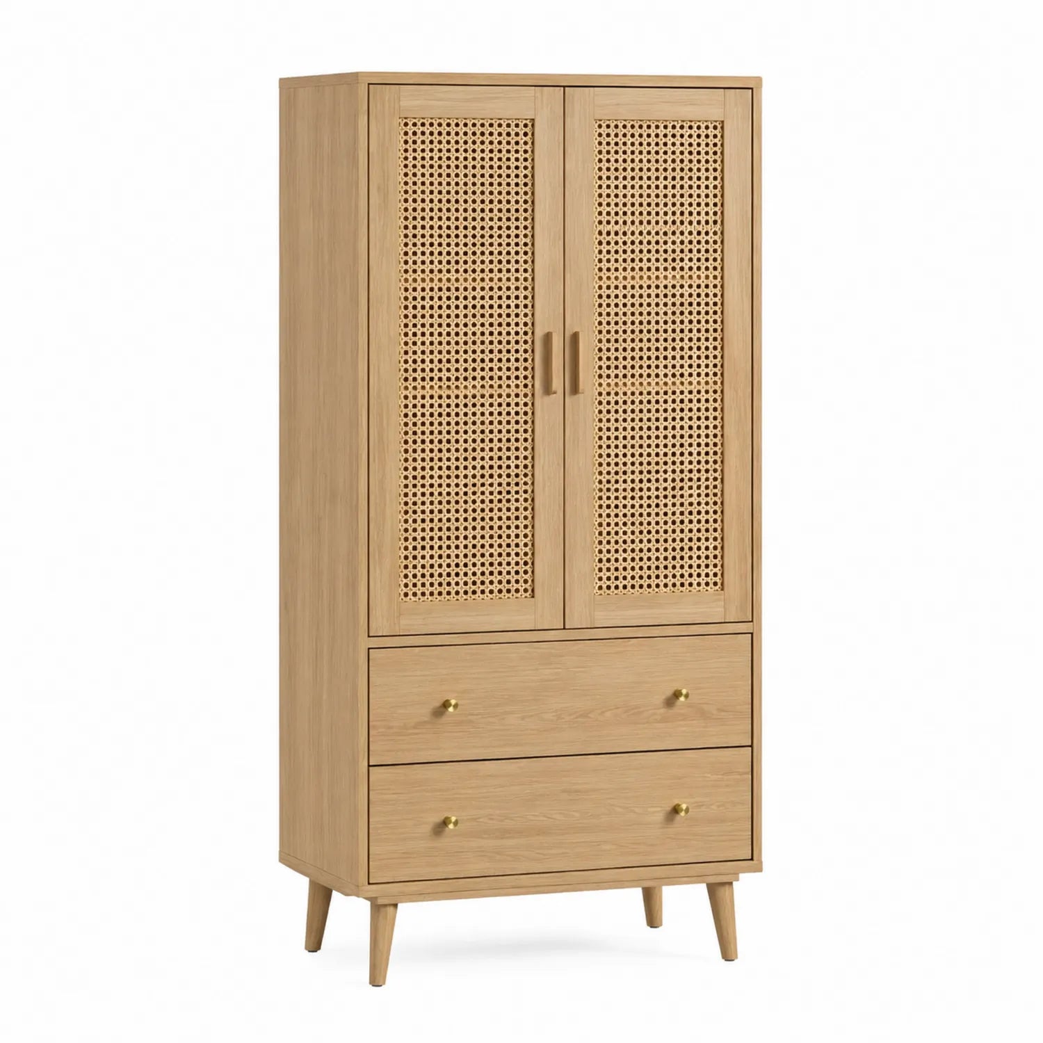 Armadio in legno con ante in rattan e cassetti