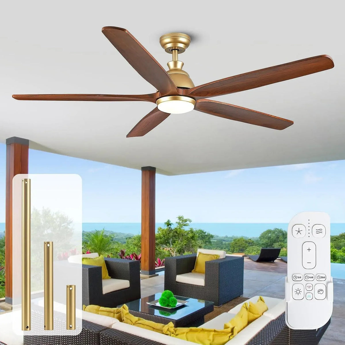 Ventilatore, 152 Cm, ventola per circolazione dell'aria, Ventilatore Da Soffitto Dorato Da 152 Cm Con Luce