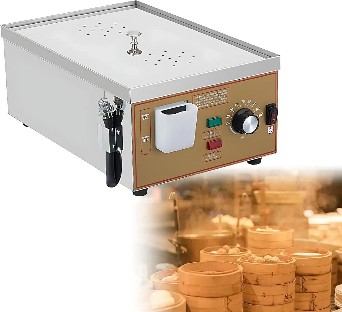 2holes Vaporiera Elettrica Professionale per Dim Sum, Allarme di Ebollizione a Secco e Alimentazione Idrica Indipendente, Regolazione della